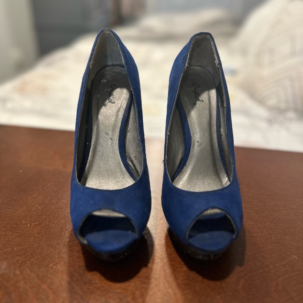 Qupid Blue Suede Peep-Toe Heels